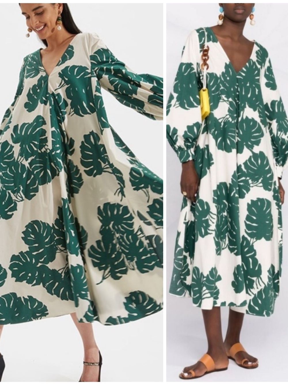 LA Doublej Bali Dress Monstera in Popeline Cotton Green and Off White Women’s XS